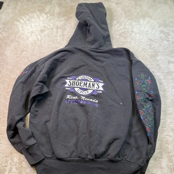 VTG y2k 100% Hardcore Biker Hoodie Sz XL Faded Worn Painted Floral Reno NV